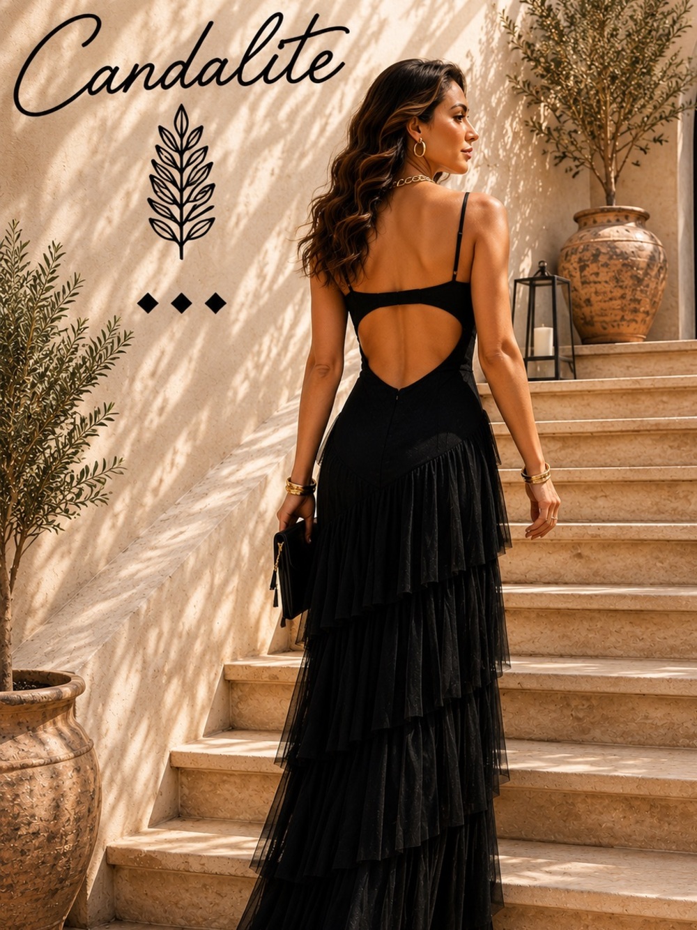 Candalite Black Sheer Tiered Maxi Dress Rhinestone Waist Open Back Formal Prom M